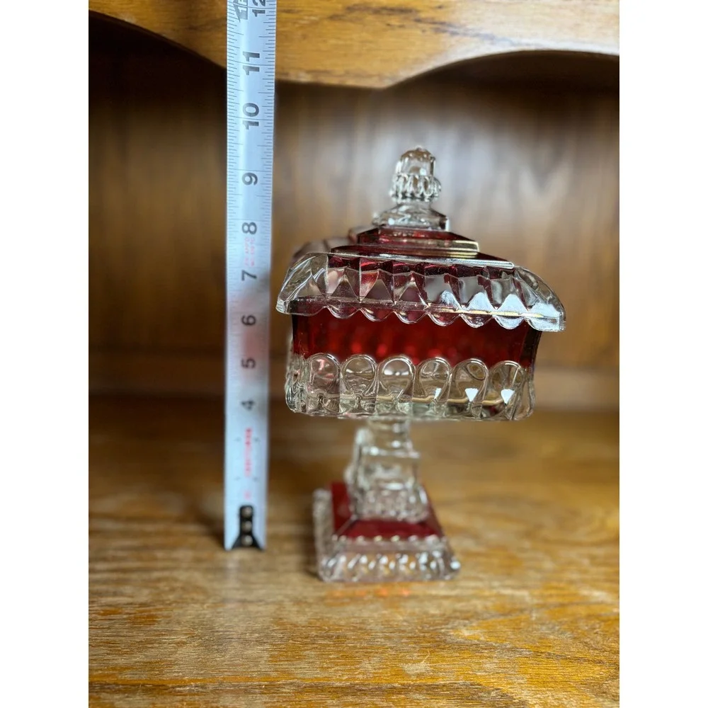 Vintage Smith Glass Ruby Red Clear Pedestal Candy Dish Lid Square Compote
